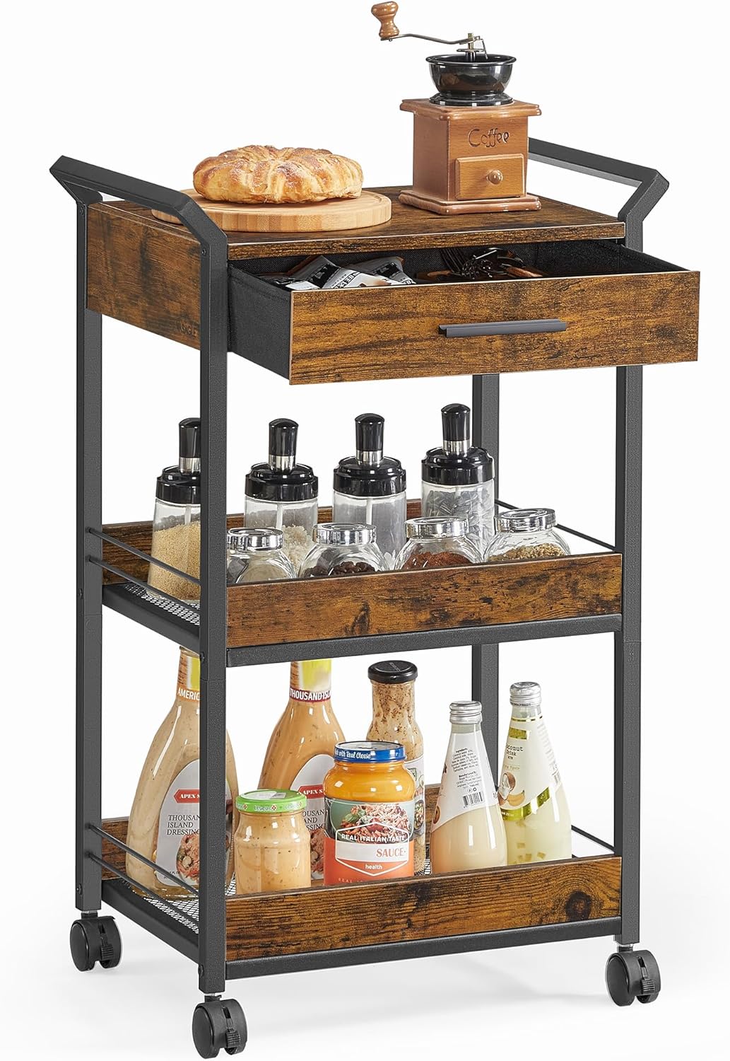 VASAGLE Storage Cart, 3-Tier Rolling Utility Cart with Table Top, Handles, 4 Lockable Casters, Top Drawer, Mesh Shelves, for Kitchen, Bathroom, Bedroom, Rustic Brown and Ink Black ULRC048K01