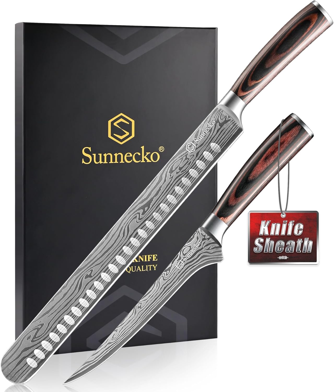 Sunnecko Professional BBQ Carving Knife Set, Slicing and Boning Knife for Meat Cutting,German High Carbon Stainless Steel Carving Knife for Meat and Turkey.