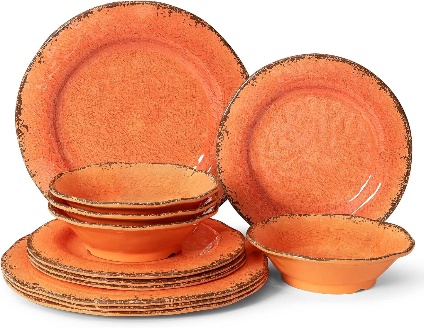 LEHAHA 12 Piece Crackle Lightweight Melamine Dinnerware Set-Service for 4, break-resistant and Durable Rustic Plates and Bowls Dishware Sets Perfect for Patio and Outdoor Activities