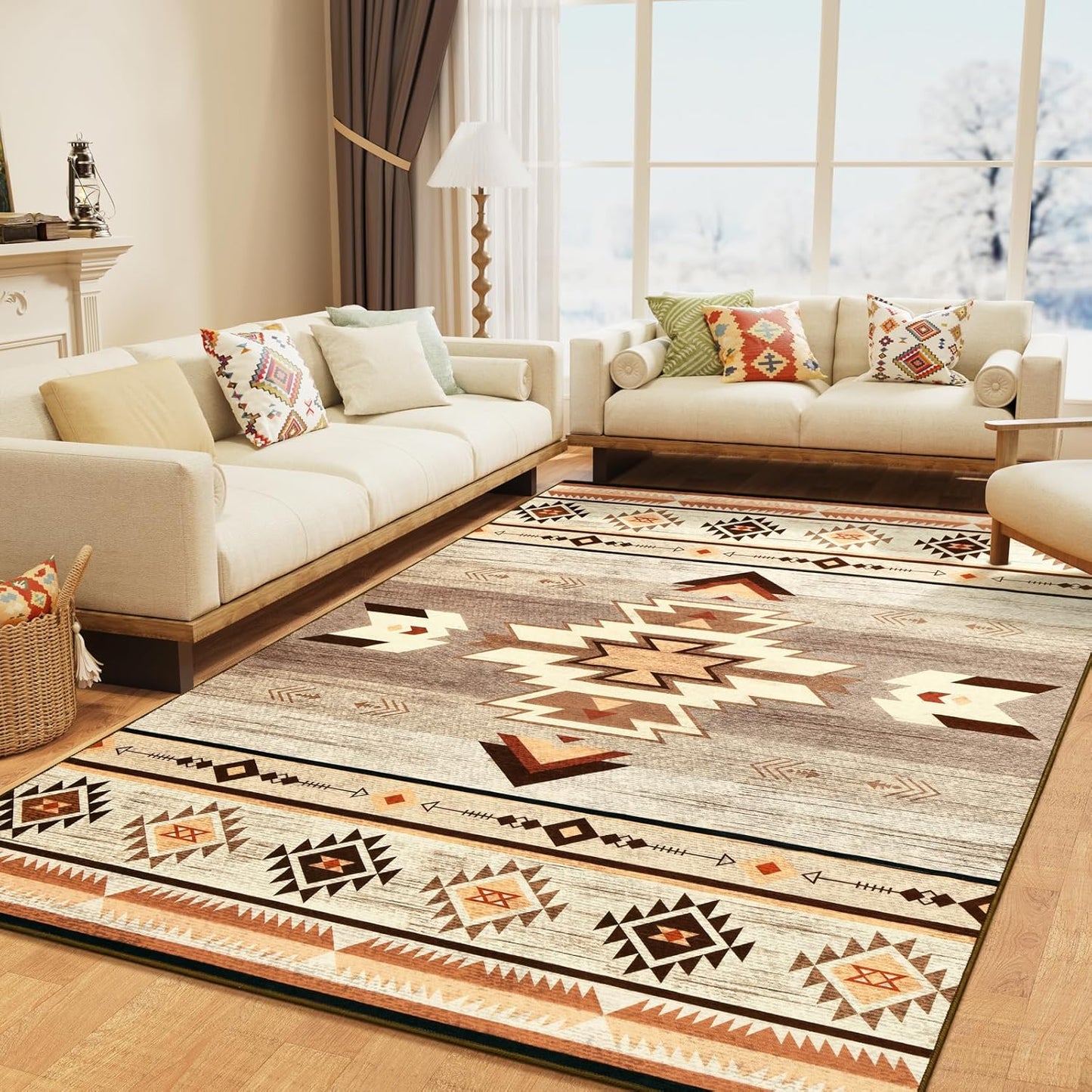 B BENRON Western Rugs for Living Room, Non Slip Rustic Rug for Bedroom Dining Table Kitchen, Washable Aesthetic Area Rugs for Home Decor, 5ft x 7ft, Warm Beige