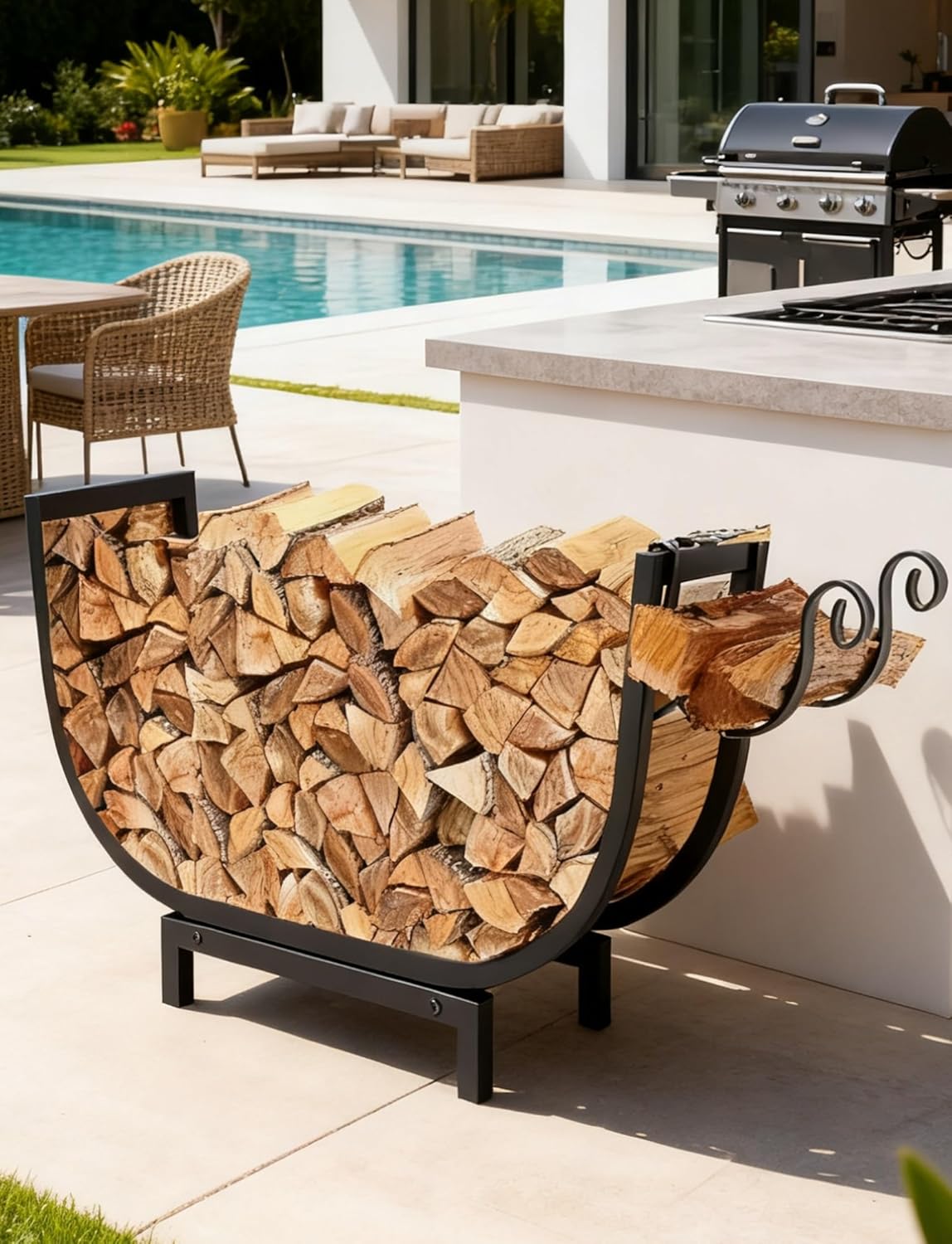 24 in Curved Double Coated Fire Wood Rack,Firewood Rack Outdoor and Indoor Firewood Storage with Kindling Wood Hooks,Fireplace