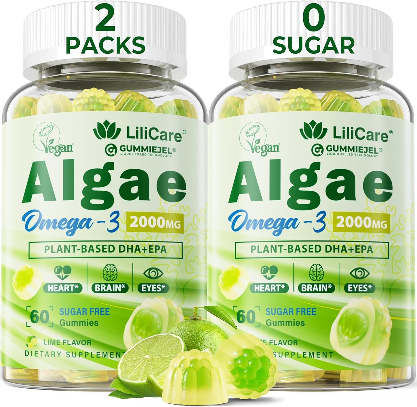 Omega 3 Gummies 2200mg from Algae Oil (DHA 640mg & EPA 290mg) for Women & Men, Vegan Omega 3 Fish Oil Alternative, w\/CoQ10, Astaxanthin, Vitamin A, E, D3 for Brain, Eye, Antioxidant,Sugar Free 2Packs