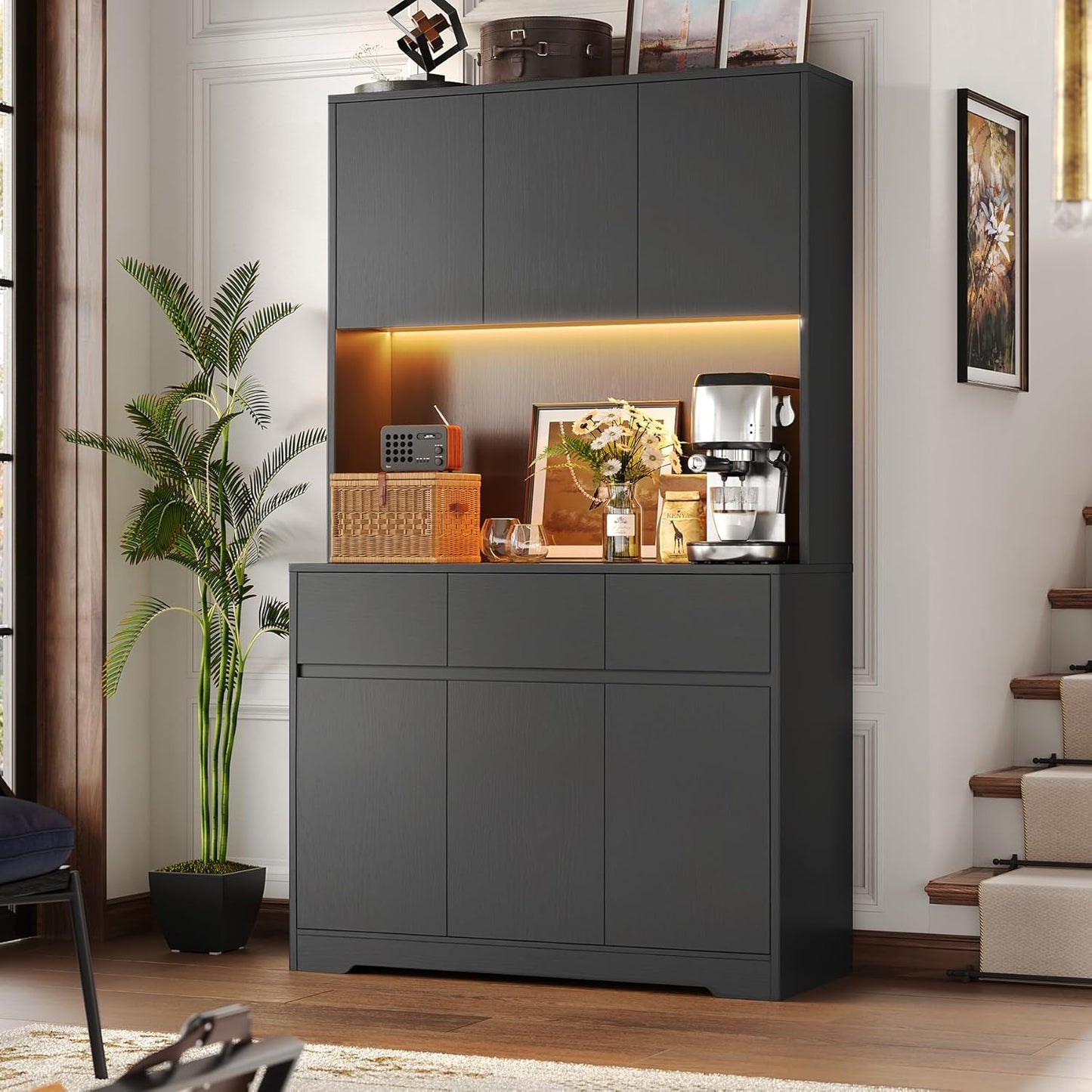 FINETONES 71" Tall Pantry Cabinet with Power Outlets and Led Lights, Large Kitchen Hutch Storage with Microwave Stand, Black Pantry Kitchen Cabinet with Cupboard