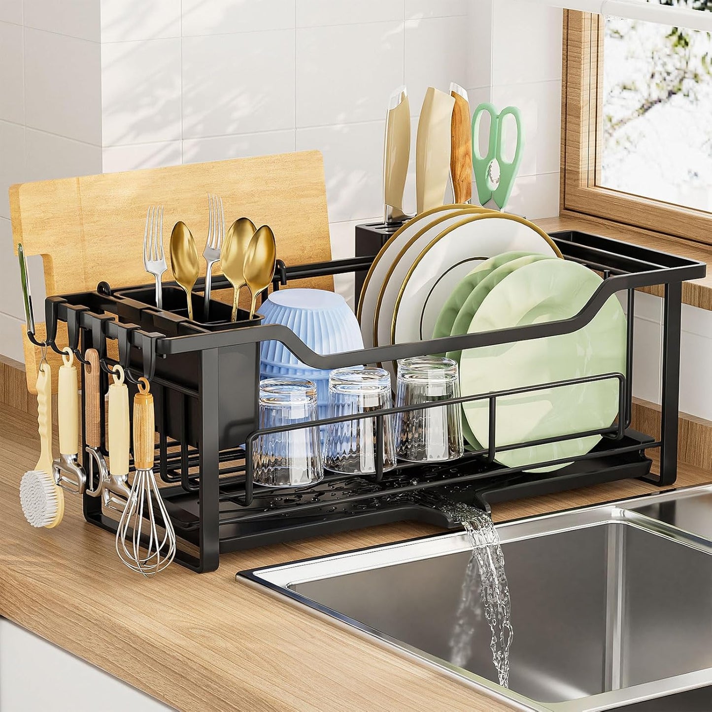 AIDERLY Narrow Dish Drying Rack for Kitchen Counter Auto Drain Iron Dish Drainer with Removable Cutlery Basket, Black