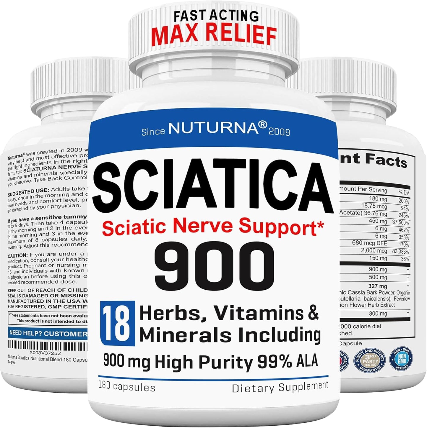 Sciatica Nerve Relief Supplement with 900 mg Alpha Lipoic Acid - Maximum Strength ALA Sciatic Support for Feet, Hands, Fingers, and Legs - Ultra Potent 18-in-1 Natural Nerve Vitamins - 180 Capsules