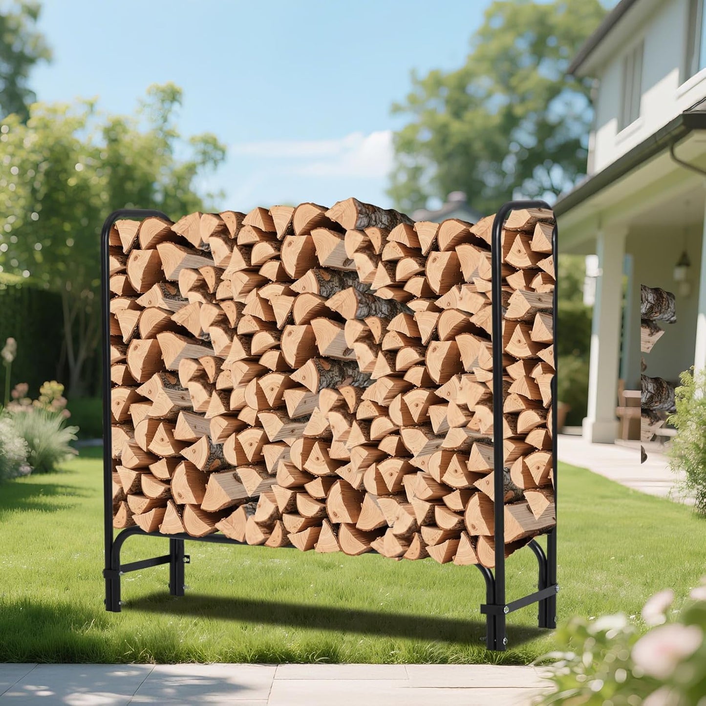 PeakPursuit 4Ft Heavy Duty Firewood Rack Outdoor with Cover, Large Steel Log Holder for Patio, Backyard, Fireplace, Weatherproof Wood Storage with Ventilated Design, Easy Assembly