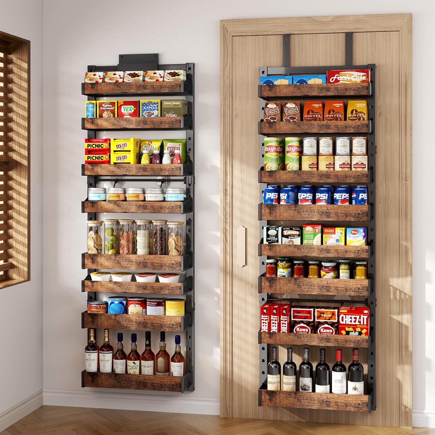 8-Tier Over The Door Pantry Organizer, Heavy-Duty Metal Wall Mount or Hanging Spice Rack, behind the door storage Shelves with Adjustable Basket, Back of Door Organizer for Kitchen Cabinet and Closet