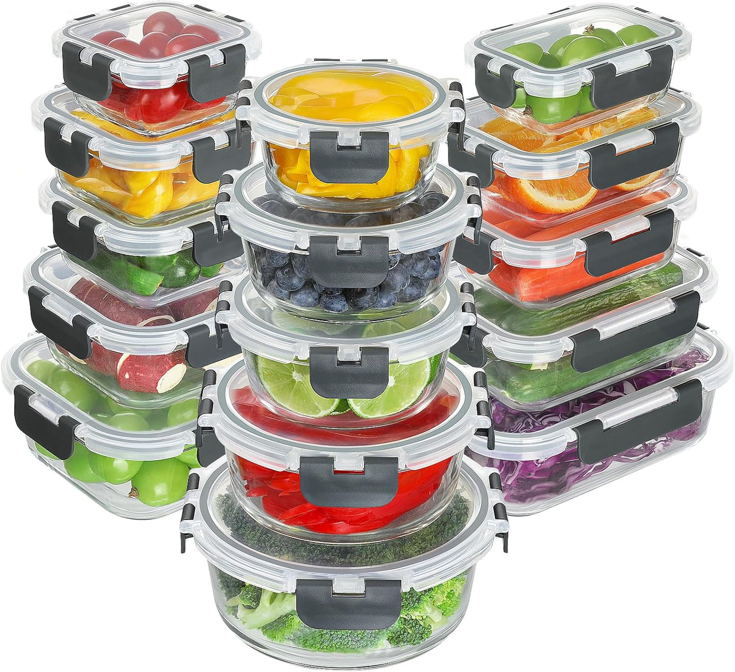 BAYZZ 30 Piece Glass Food Storage Containers Set, Glass Meal Prep Containers with Lids, Airtight Lunch Box, BPA-Free, Microwave, Freezer & Dishwasher Safe