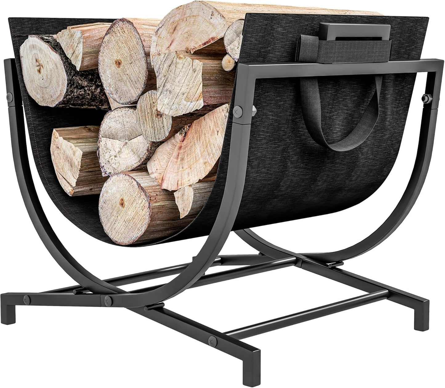 Folding Firewood Rack with Canvas Carrier – Portable Heavy-Duty Log Holder for Indoor/Outdoor Use, Elevated Steel Storage with Handles, 77 lbs Capacity, 16.9" x 15" x 15.9", Black
