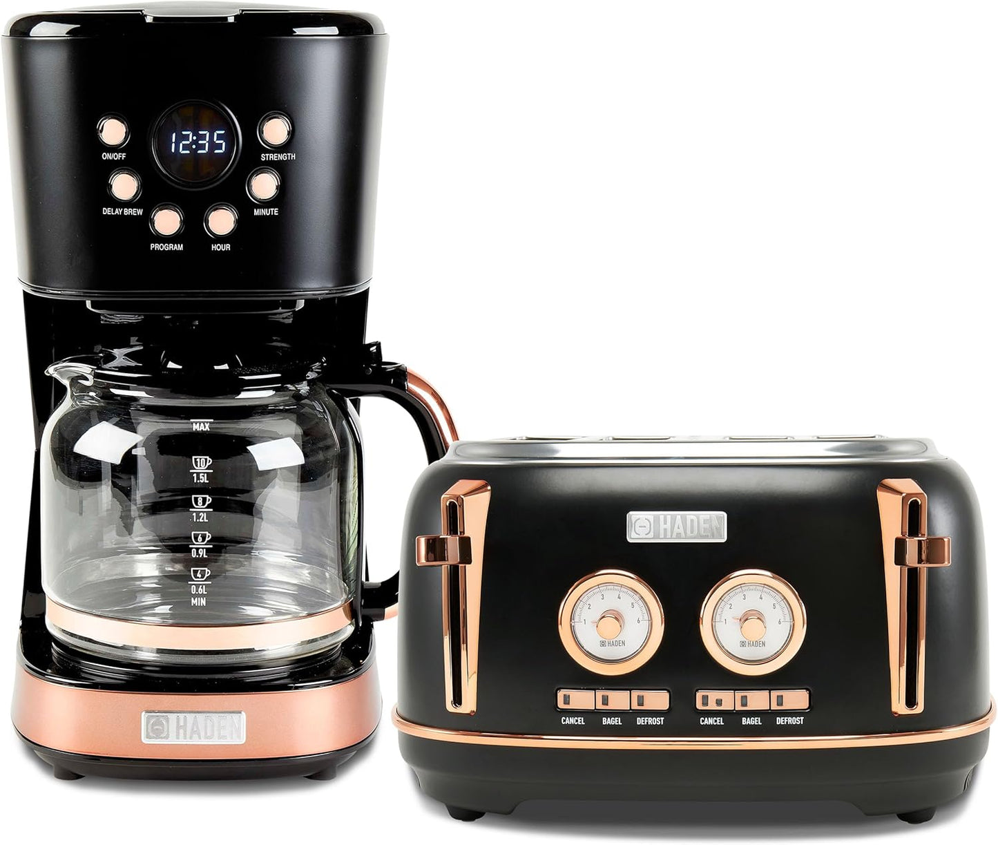 Haden Dorset 4 Slice Wide Slot Stainless Steel Toaster Bundled with 12 Cup Programmable Drip Coffee Maker Coffee Machine, Black & Copper