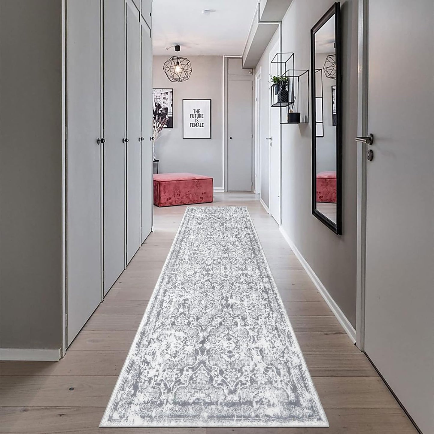 Vaukki Hallway Runner Rug, Vintage Shaggy Soft Laundry Rug Runner, Non Slip Entryway Runner Mat, Washable Farmhouse Kitchen Area Carpet for Bathroom, Entryway and Bedroom (2'6'' X 8', Grey)