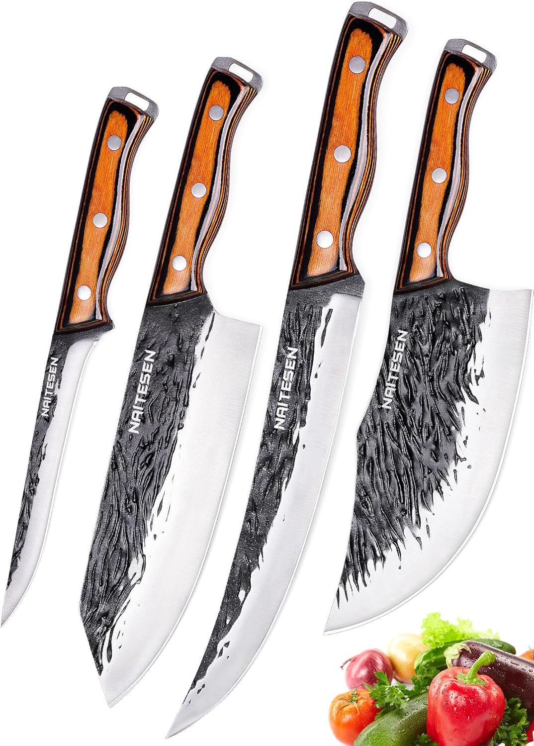 4PCS Hand Forged Butcher Knife and Kitchen Knife 2 in 1 Set, Heavy Duty Meat Cleaver Serbian Chef Knife Breaking Knife Boning Knife for Meat Cutting BBQ Gifts for Men Women