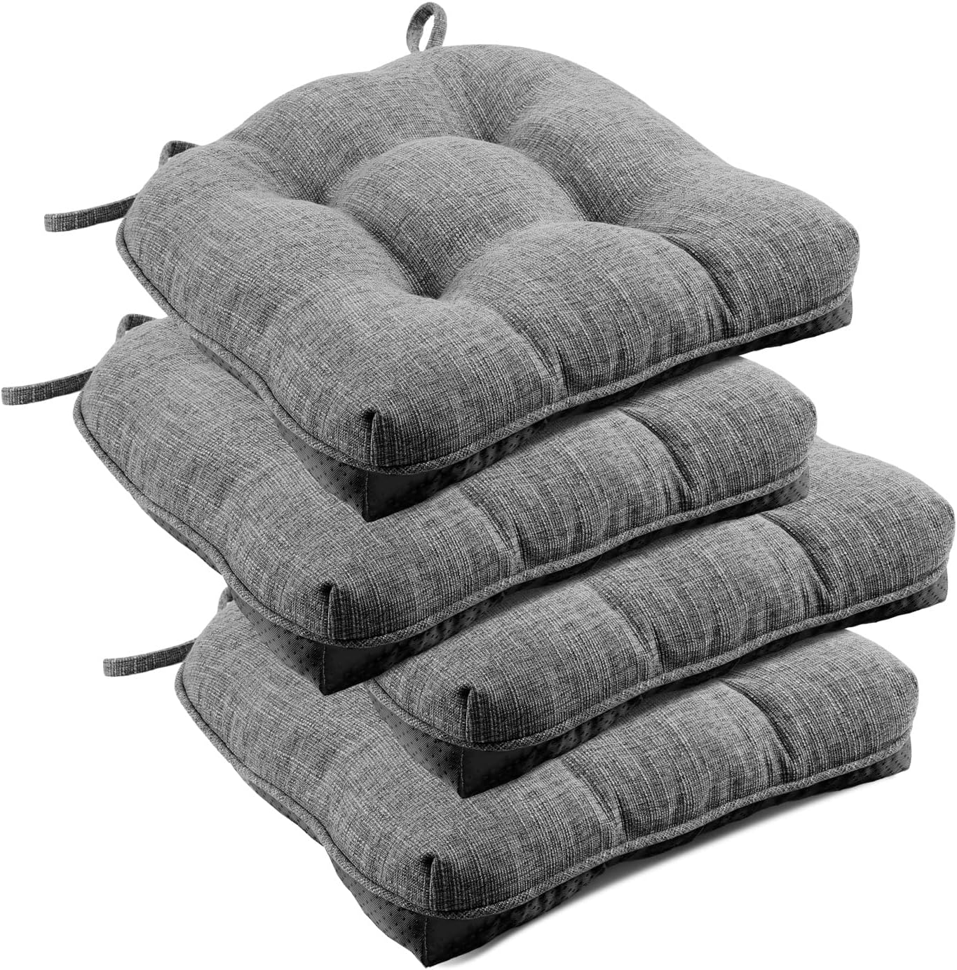 downluxe Indoor Chair Cushions for Dining Chairs, Tufted Overstuffed Textured Foam Kitchen Chair Pads with Ties and Non-Slip Backing, 15.5" x 15.5" x 4", Dark Grey, 4 Pack