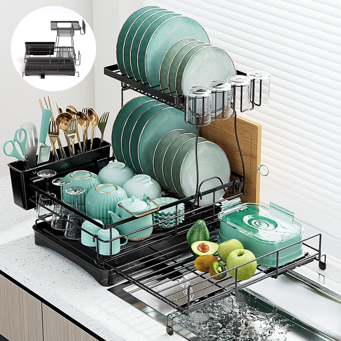 Dish Drying Rack Strainers for Kitchen Counter, 2 Tier Expandable Large Stainless Steel Dish Drying Rack, Upgrade Dish Drainer with Utensil Holder, Drainboard & Cups Holder, Anti-Rust & Space Saving