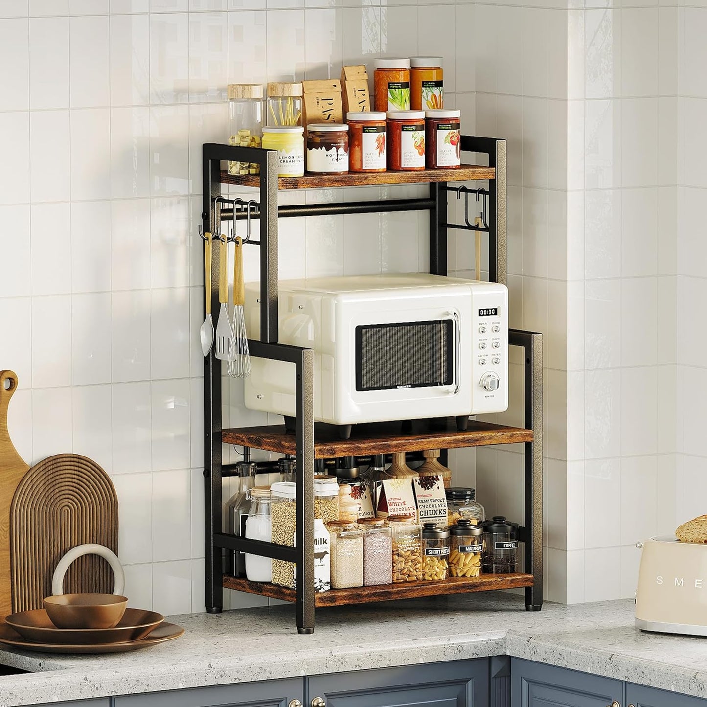 Kitchen Countertop Organizer,3 Tier Large Spice Rack Organizer with Adjustable Shelf and 5 Hooks,Wooden Counter Organizer,Space Saving Countertop Shelf Microwave Stand for Kitchen,Bathroom,Coffee Bar
