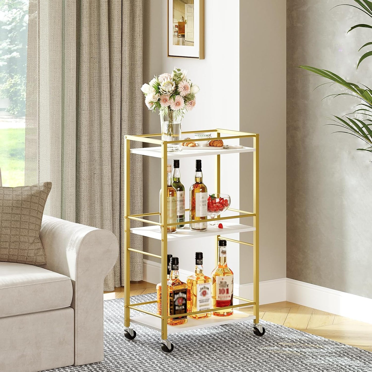 MAHANCRIS Bar Cart for The Home, 3-Tier Drink Cart on Wheels, Home Bar Serving Cart, Mini Bar Cart for Small Space, Rolling Kichen Carts for Bar, Kitchen, Dining Room, Gold RCJW4001
