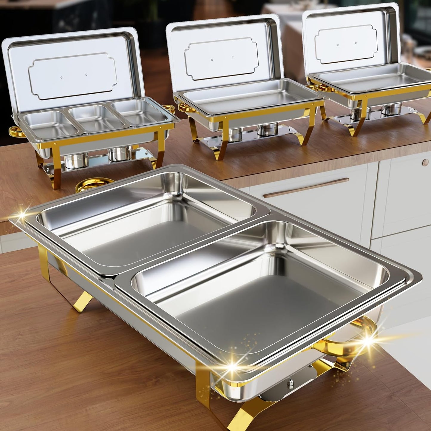 IMXSUMDA Chafing Dish Buffet Set 4 Pack, 9.5 QT Stainless Steel Chafing Dishes for Buffet Elegant Gold and Silver Colors Catering Chafer Warmer Set with Full,Half,1\/3 Food Pan, For Parties Wedding