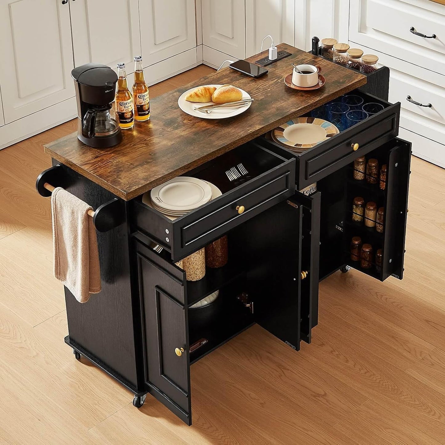 ONBRILL 58" Mobile Kitchen Island, Kitchen Island Cart with Power Outlet, Island Table for Kitchen, Home Bar Carts with Storage, Kitchen Rolling Island with Spice Rack & Towel Rack & Knife Holder