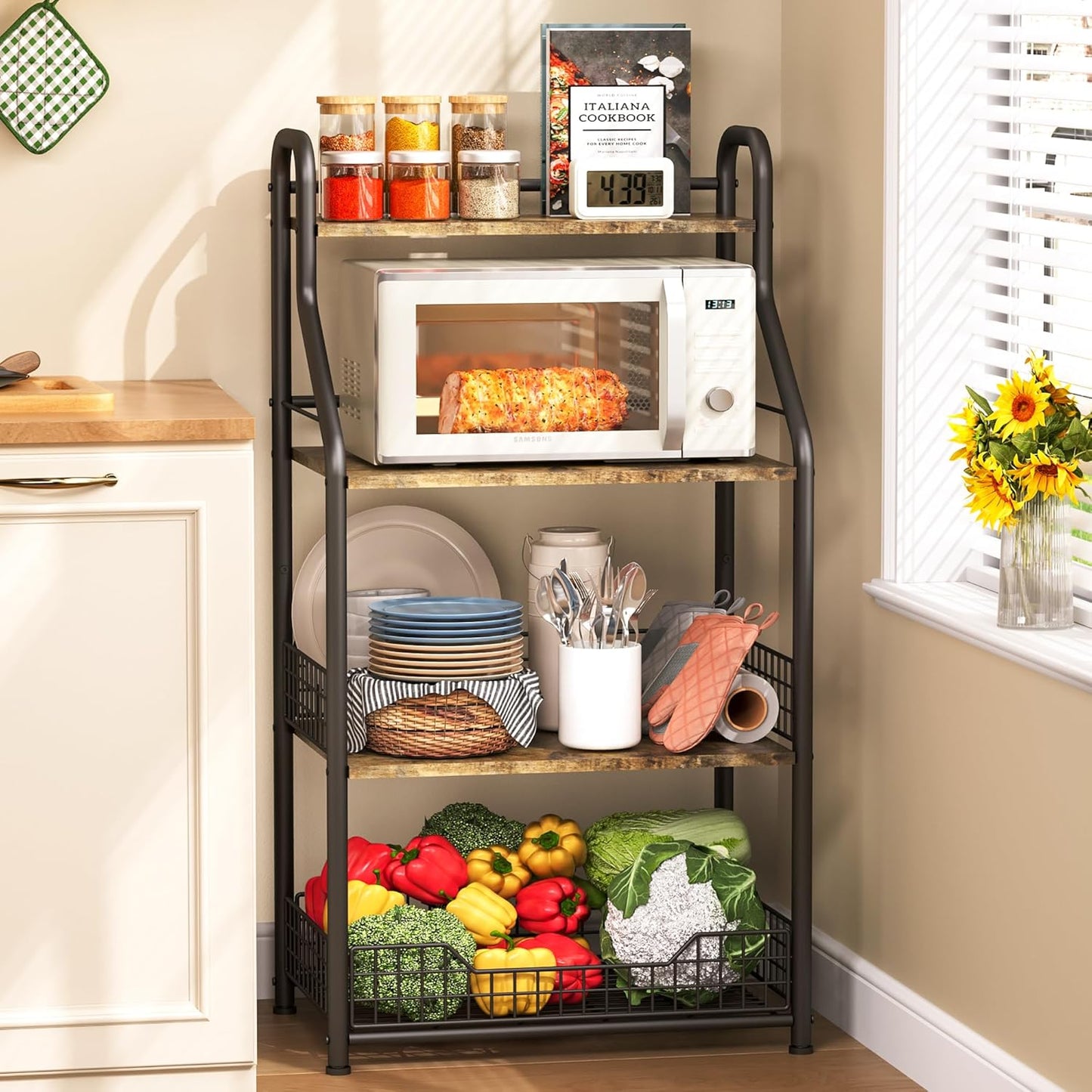 Microwave Stand with Storage 4-Tier, Bakers Racks for Kitchens, Coffee Bar Microwave Cart with Storage, Metal Bakers Rack with Storage, Coffee Cart with 5 S-Hooks