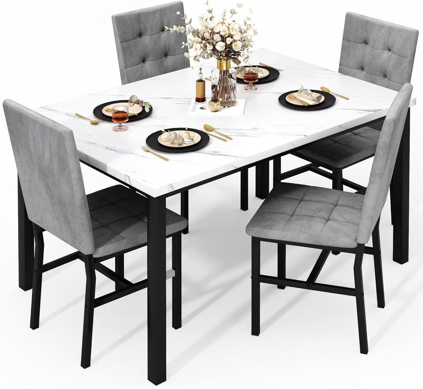 AWQM Dining Table Set for 4,Faux Marble Kitchen Table and Chairs Set of 4, Modern Dining Room Set for 4,Dinner Table Set with Velvet Chairs, Dining Set for Small Spaces,White & Grey