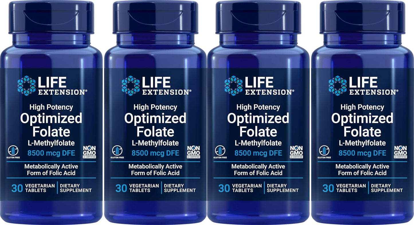 Life Extension High Potency Optimized Folate 8500 mcg DFE, 30 Vegetarian Tablets (Pack of 4)