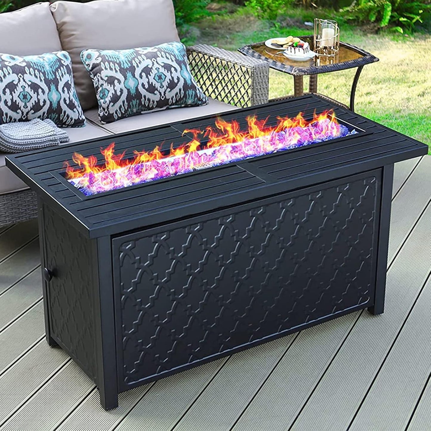 MFSTUDIO 45\u201D Outdoor Rectangular Gas Fire Pit Table,50000 BTU Propane Iron Plate Embossing Fire Table with Lid and Blue Glass for Patio,Backyard and Balcony,Black