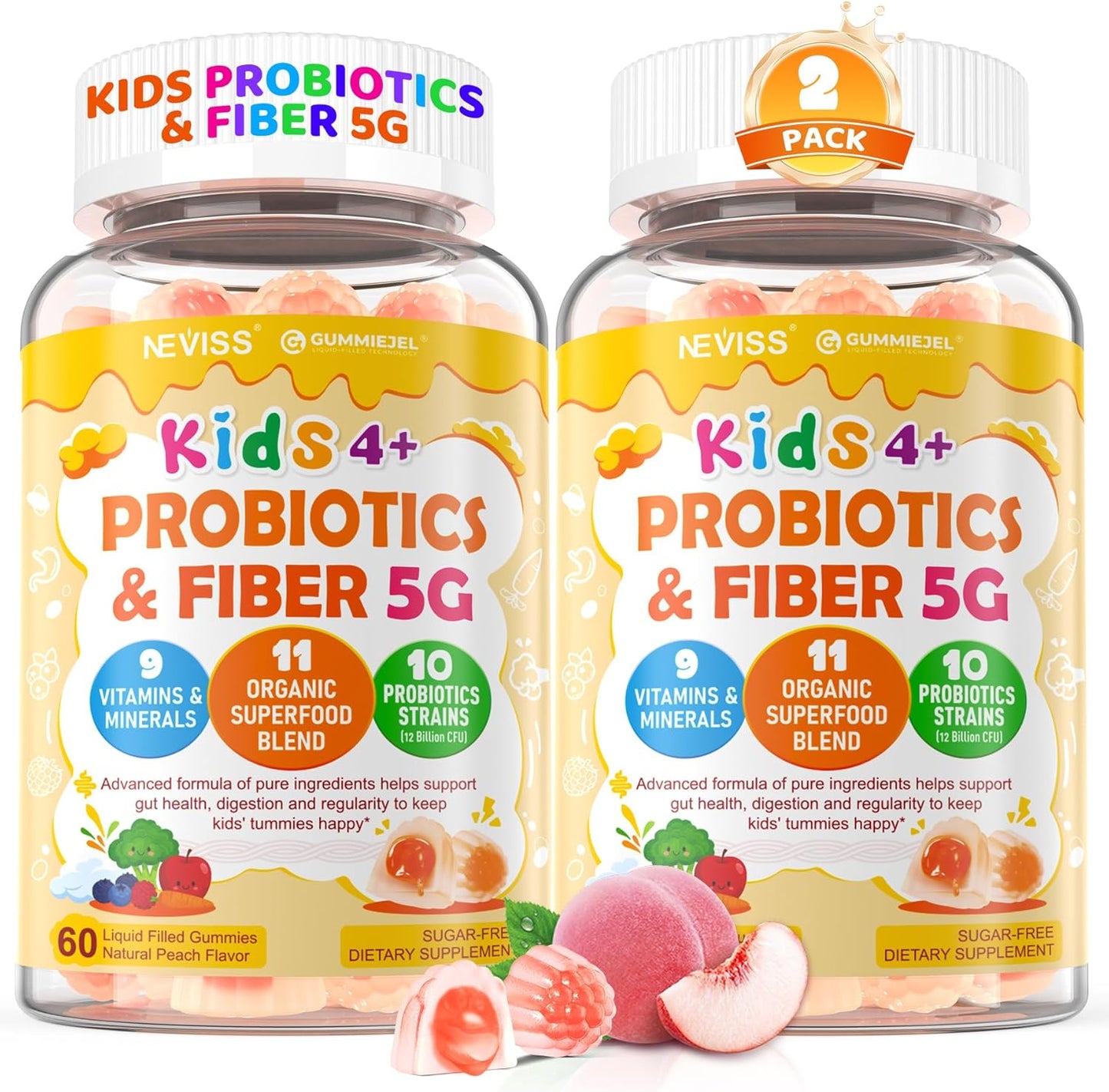 2Pack Probiotics for Kids Teen + Veggie & Fruit Fiber Gummies, with 12 Billion CFU Probiotic, Organic Inulin Prebiotics Fiber, Methyl B12 B6 C for Children's Digestive & Gut, Immune Health, Sugar Free
