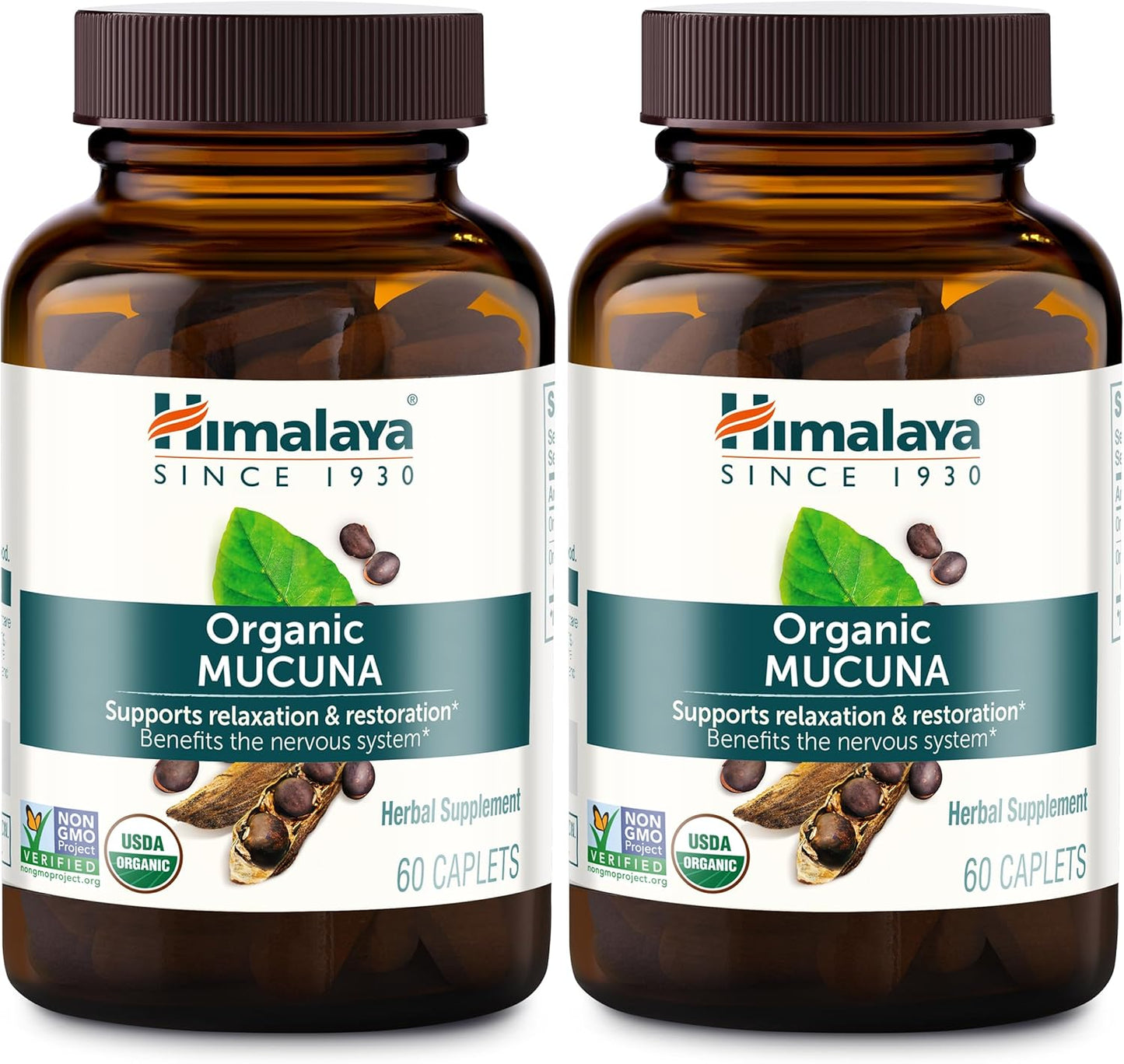 Himalaya Organic Mucuna Herbal Supplement, Supports Relaxation, Tension Relief, Brain Function, Non-GMO, USDA Organic, Vegan, Gluten Free, 600 mg, 60 Plant-Caplets, 2 Pack, 120 Day Supply