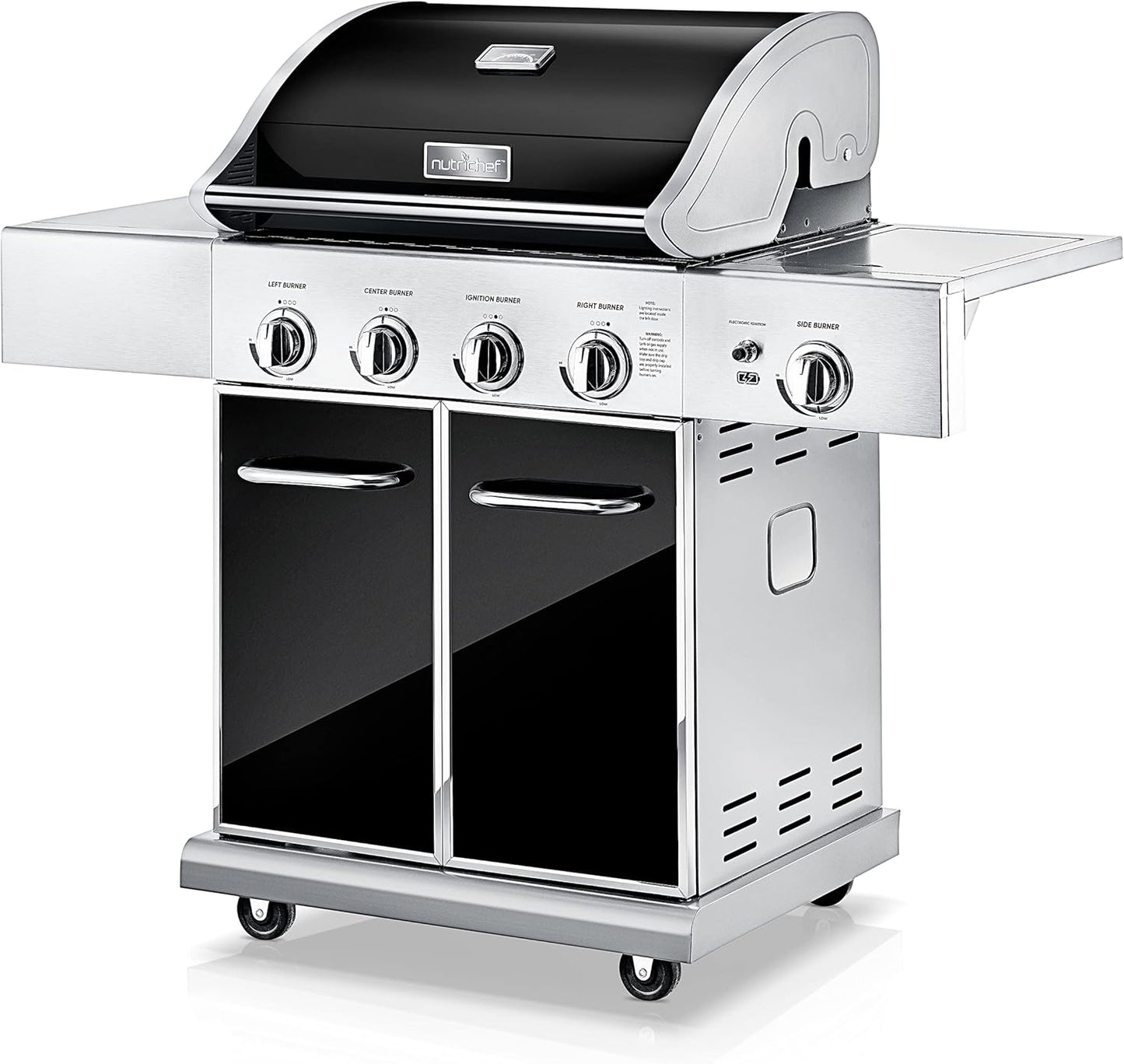 NutriChef Heavy-Duty 5-Burner Propane Gas Grill - Stainless Steel, 52,000 BTU, 4 Main Burners + Side, Electronic Ignition, Built-in Thermometer - NCGRIL2.5