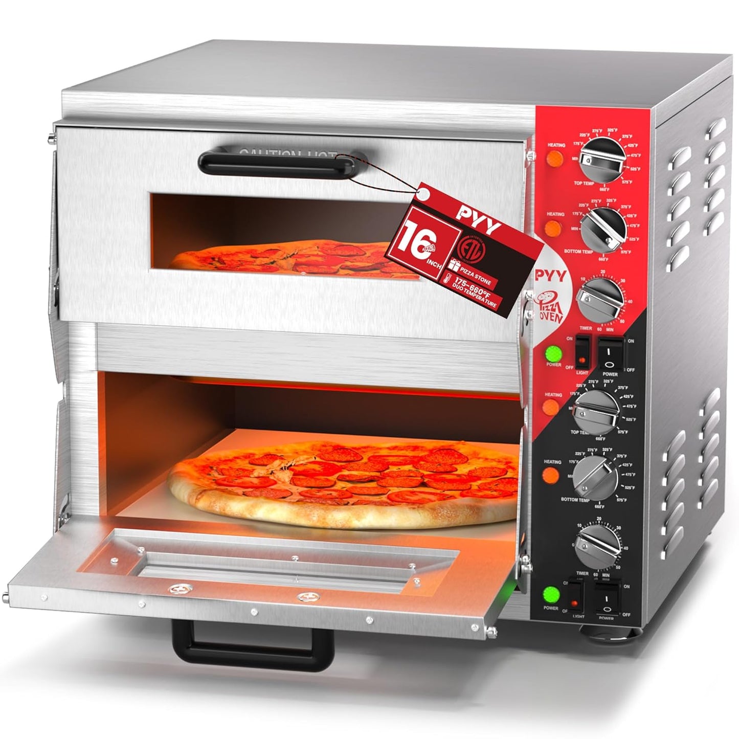 PYY Indoor 16in Pizza Oven - Double Decker Electric Pizza Ovens Countertop with Pizza Stone, 60-Min Ring Timer, for Home and Restaurant Commercial, 3200W, ETL Listed