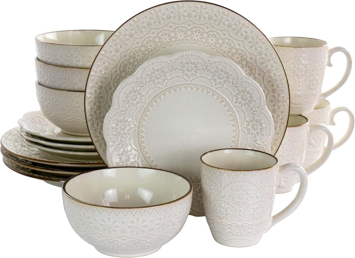 Elama Embossed Scalloped Stoneware Dinnerware Dish Set, 16 Piece, Ivory