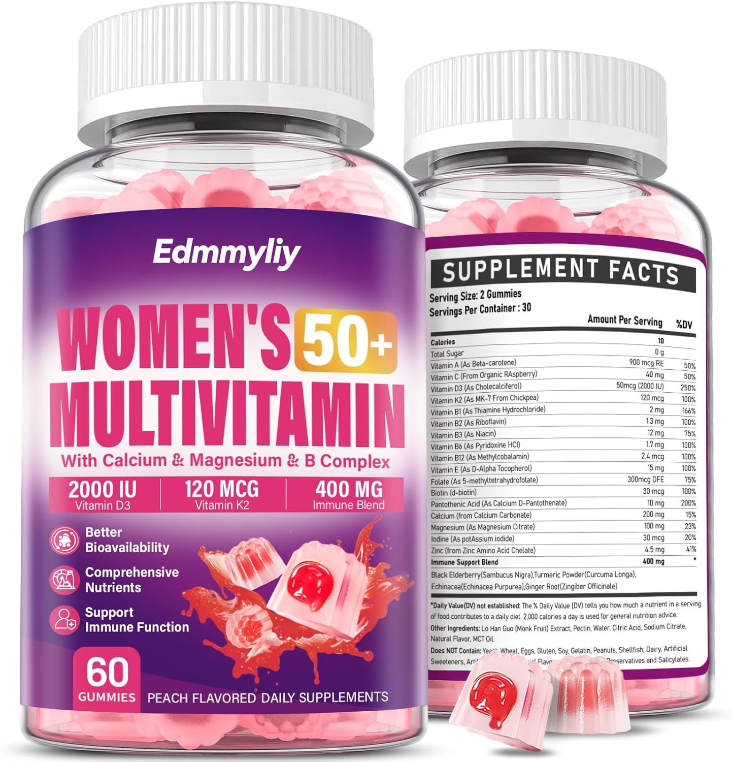 Womens Multivitamin Gummy 50 and Over - Chewable Multi Vitamin A, C, D3, E, K2 & B Complex, Folate, Biotin, Calcium, Magnesium - Support Energy, Immune & Over-All Health