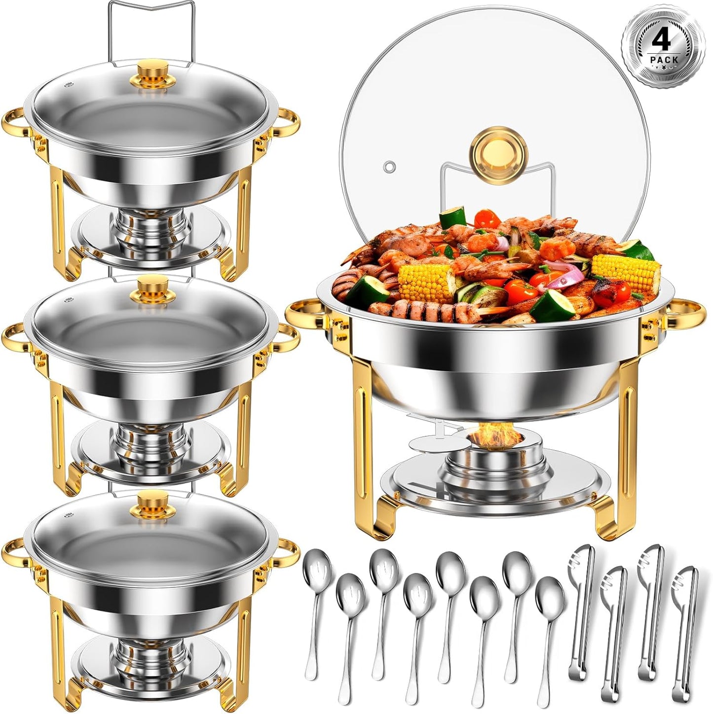 Keyoxy Round Chafing Dishes for Buffet 5 Qt,High Grade Chafing Dish Buffet Set with Glass Lid & Lid Holder,Full Size Pan,Food Warmers for Parties,Buffet,Wedding, Birthday 4 Pack (Half Gold)