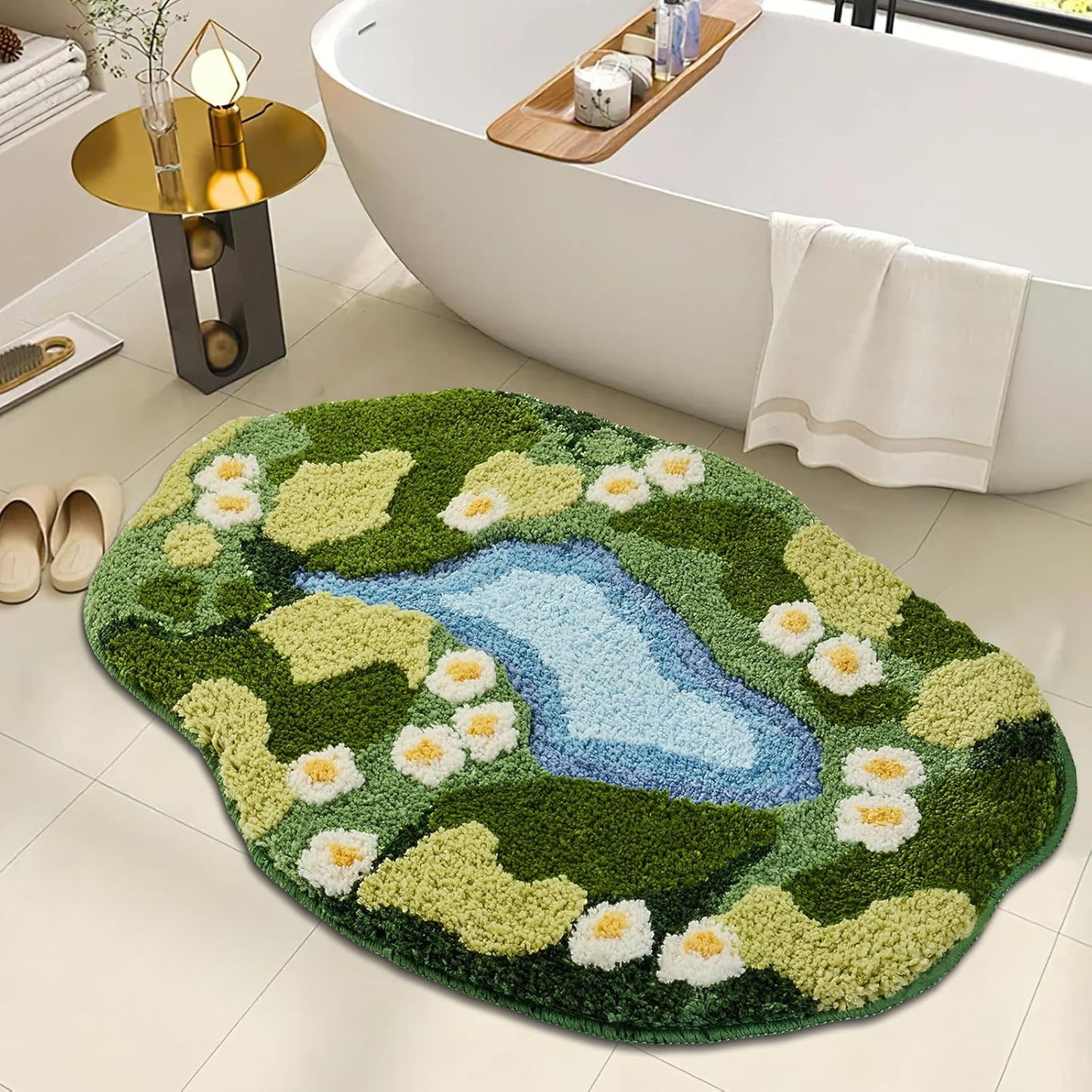 Sisher Cute Green Floral Area Rugs,Moss Bath Mat Soft Absorbent Bath mat Boho Bathroom Decor Moss Rugs for Bedroom and Kitchen Non Slip 3D Rug 31"×21"