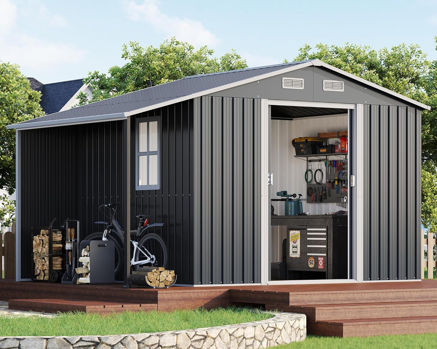 AMERLIFE 10.6x6.8x6.3 FT Galvanized Metal Storage Shed with Open Firewood Bay, Sliding Doors & Ramp, 2 Windows & Vents, Weather-Resistant Outdoor Tool\/Garden Shed, Dark Gray
