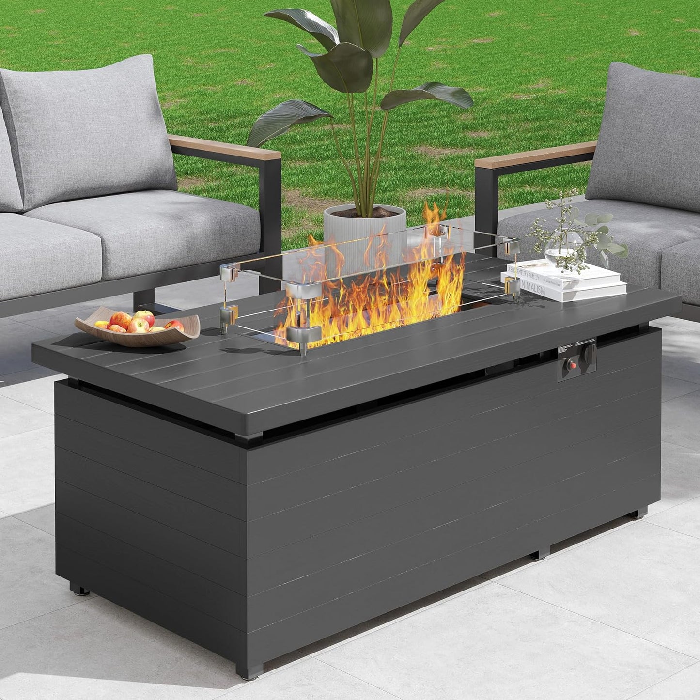 Sundale 51 Inch Outdoor Fire Pit Table, 50,000BTU Rectangle Propane Fire Pit with Sliding Tank Holder, Glass Wind Guard, Removable Lid, CSA Certified, Gray