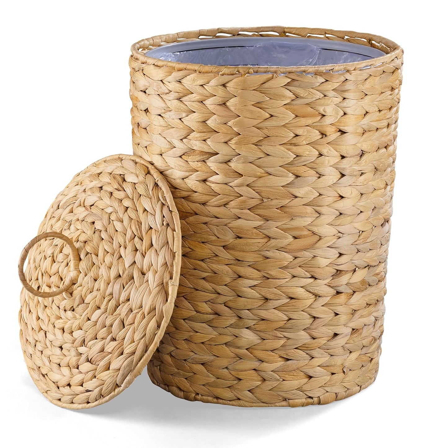 BLUEWEST Wicker Trash Can with Lid and Removable Liner, Wicker Rattan Bathroom Trash Can, Large Woven Bin for Office, Hyacinth Waste Basket for Home Kitchen (Natural, 3 Gallons)