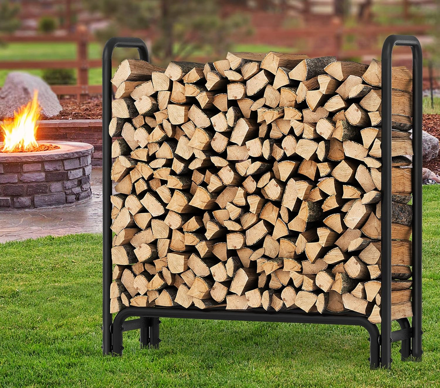 AOSION 4FT Firewood Rack Outdoor Firewood Storage Rack Heavy Duty Log Rack Wook Rack for Patio Deck Log Storage Stand Steel Tubular Wood Pile Racks Indoor Fireplace Tool