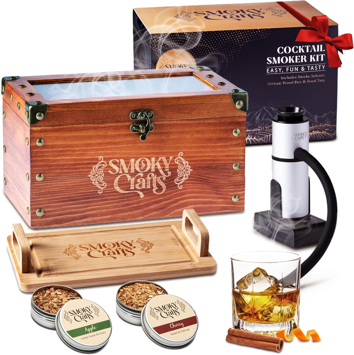 Smoky Crafts Old Fashioned Smoker Kit - Whiskey Smoker Kit with Smoking Gun, Cocktail Smoke Box, Food Tray and Wood Chips (Apple & Cherry) - Bourbon Gifts for Men (Torch Not Required)
