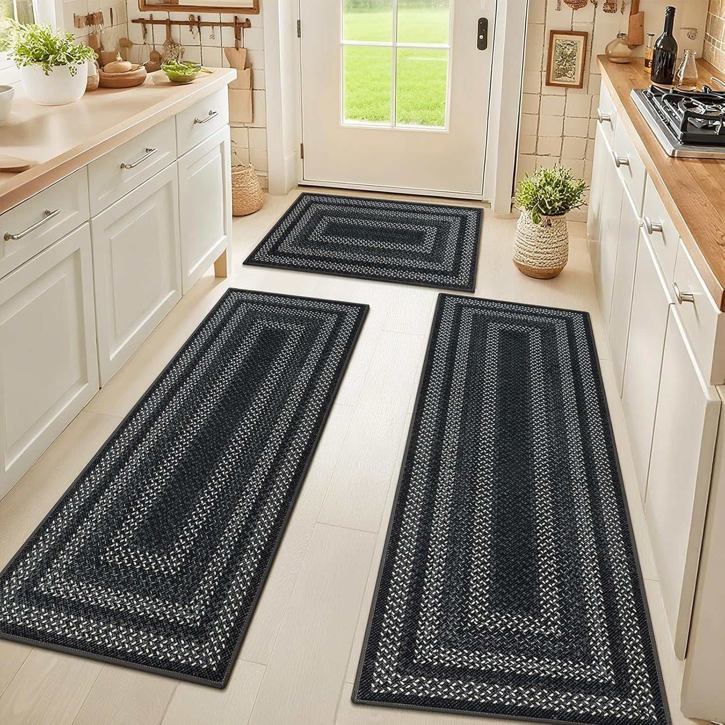 HEBE Washable Kitchen Rugs Sets of 3, Non Slip Absorbent Kitchen Rugs and Mats, Farmhouse Stain Resistant Faux Jute Kitchen Mat Carpet Runner for Kitchen Floor, Laundry Room, Hallway, Black\/Grey