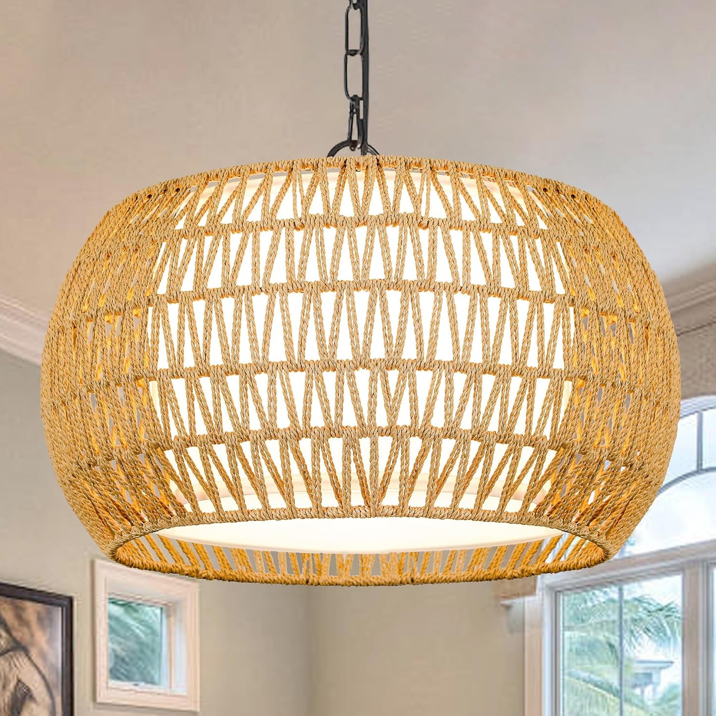 Farmhouse Chandelier Light Fixture,Rattan Boho Chandeliers for Dining Room,Large Pendant Lights Kitchen Island Hanging Light Fixtures Wicker Chandeliers for Bedroom Living Room Kitchen Nursery