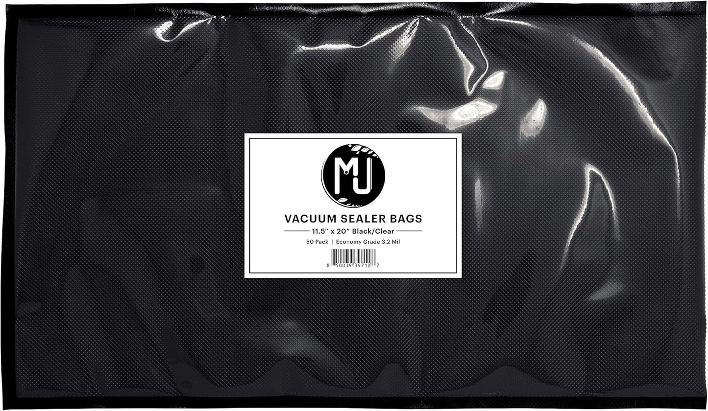 MJ Commercial-Grade Vacuum Sealer Bags for Food Storage, Sous Vide | Case of 500 (11.5" x 20" 3.2 Mil, Black and Clear)