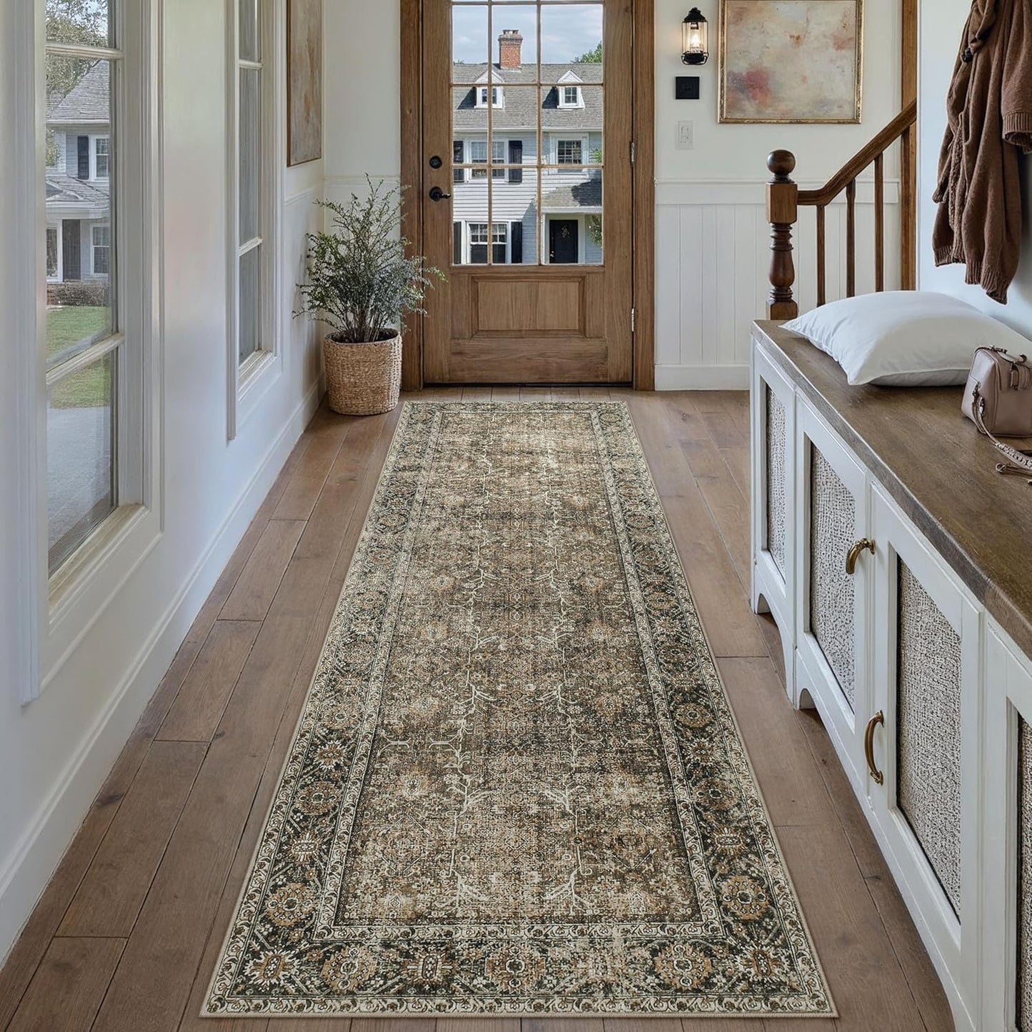 PureCozy Brown Runner Rug 3x7 Vintage Area Carpet Hallway Long Indoor Kitchen Washable Living Room Low Pile Traditional Distressed Retro Accent Throw Rug Non Slip Laundry Bathroom Office Dining Room