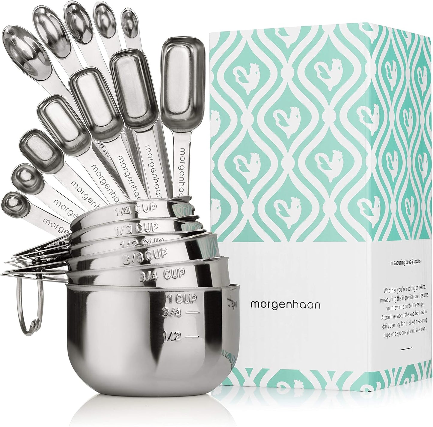 Morgenhaan Heavy-Duty 304 Stainless Steel Measuring Cup Set (18-Piece) - Stackable, Dual Metric\/US, Long & Narrow Spoons for Spice Jars + 5 Mini Spoons