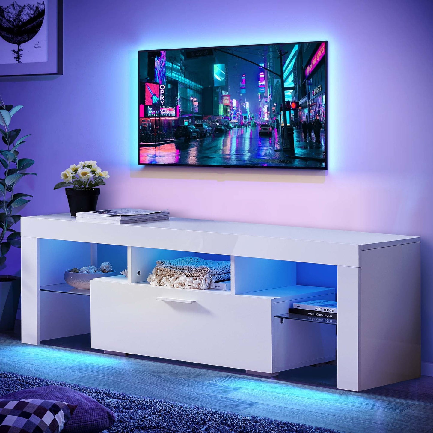 Aukfa LED TV Stand for TVs up to 60", Storage TV Cabinet for Living Room - White