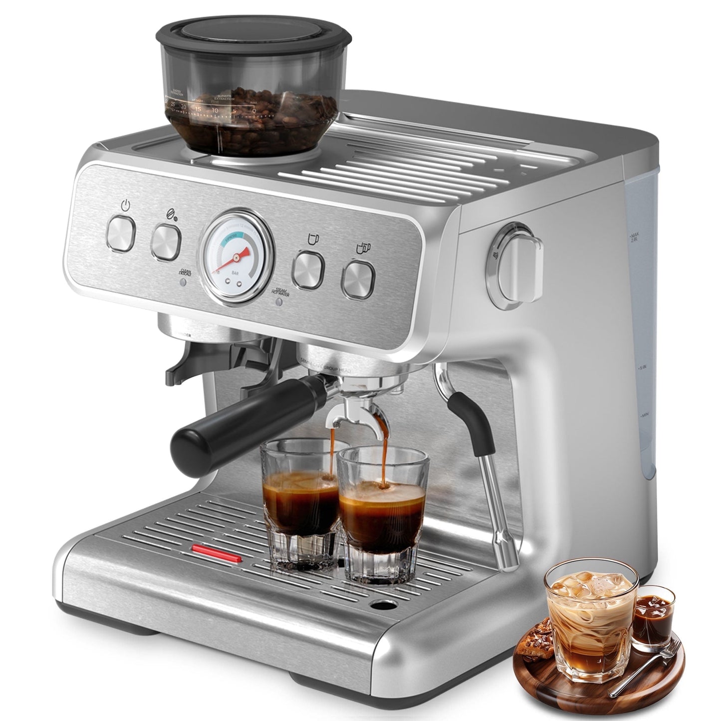 Auseo 20 Bar Automatic Espresso Coffee Maker with Grinder and Milk Frother Steam Wand, Drip Hot Coffee, 1&2 Cups, Espresso/Cappuccino/Latte/Mocha for Home, Stainless Steel