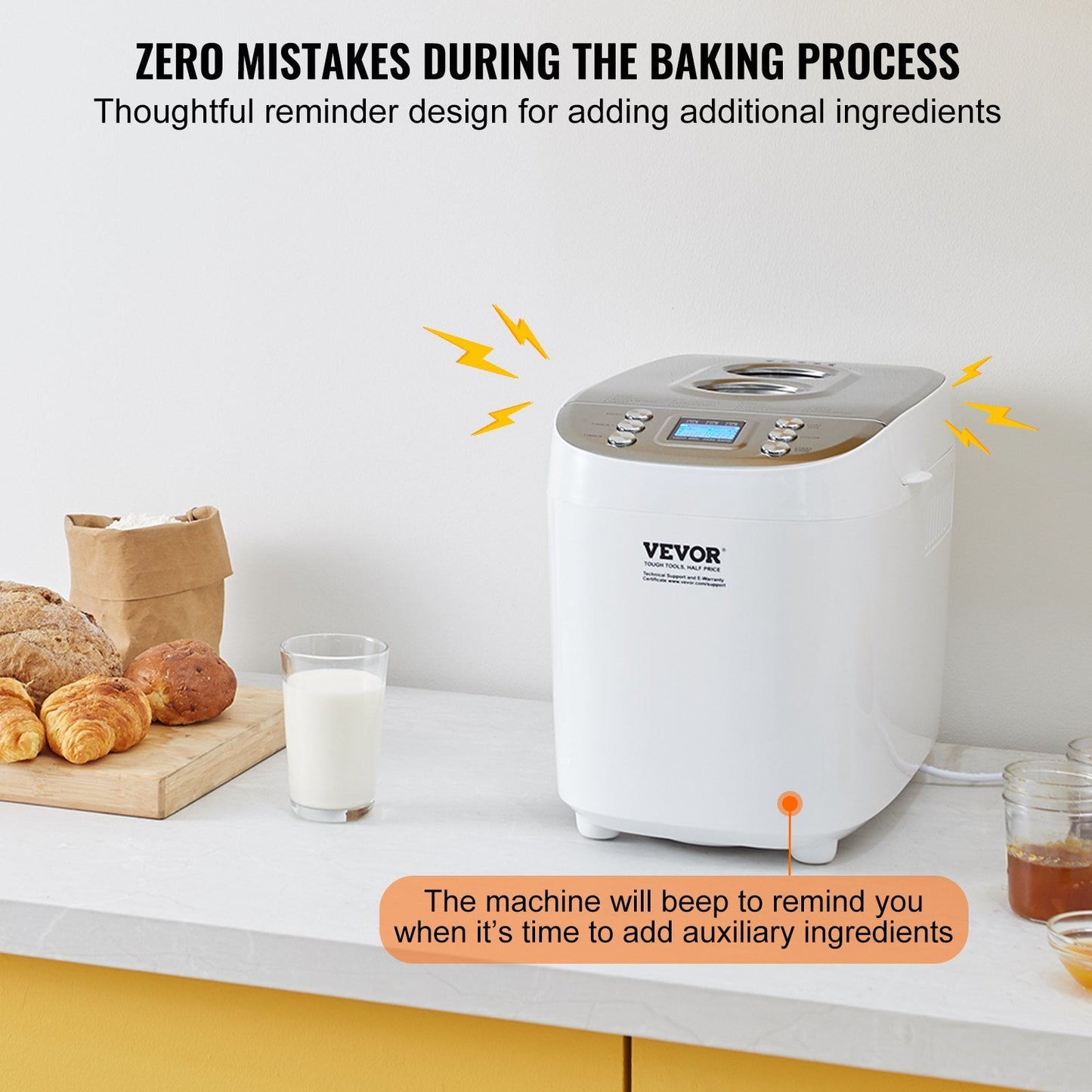 Automatic Bread Maker, 15-in-1 Dough Machine, 3LB Capacity, Gluten-Free Setting, Whole Wheat, 3 Loaf Sizes & Crust Options, White