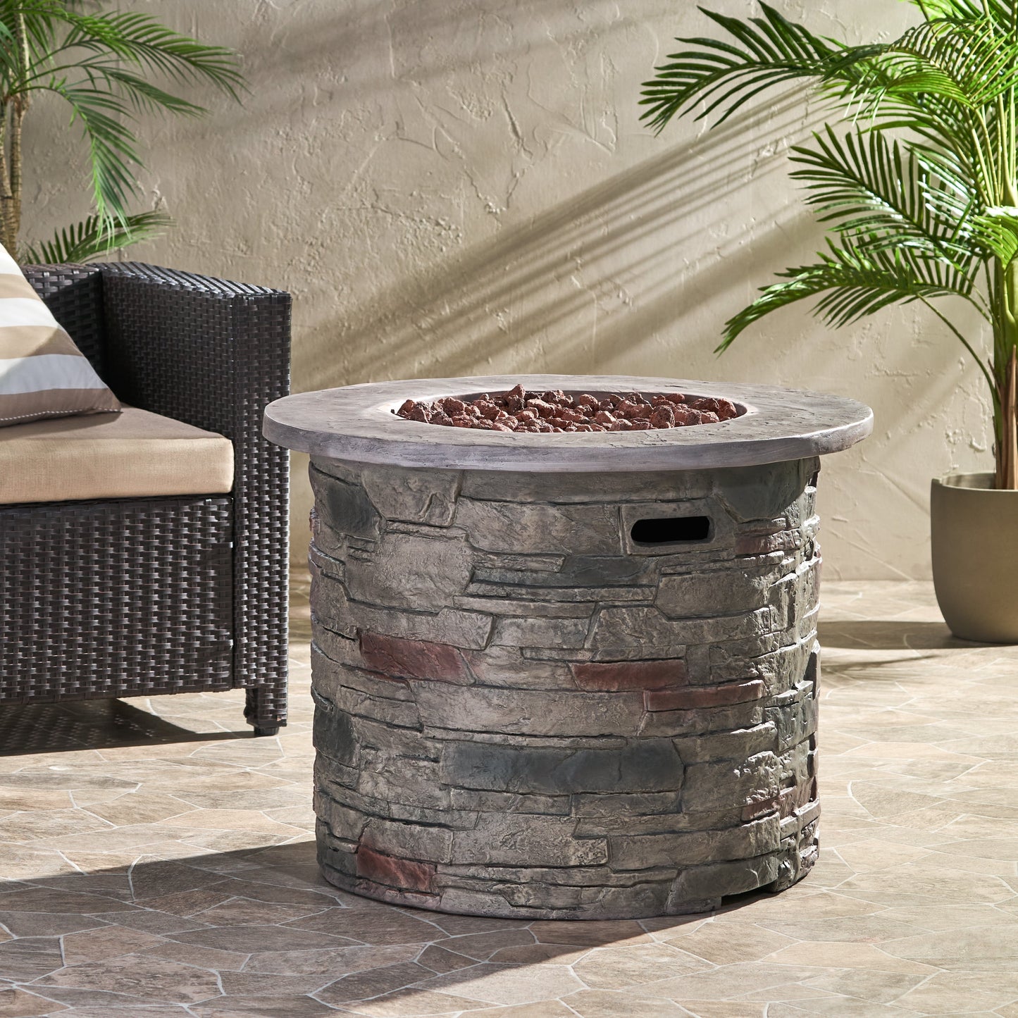 Awalua 32" Circular MGO Fire Pit With Grey Top - 40,000 BTU, Natural Stone