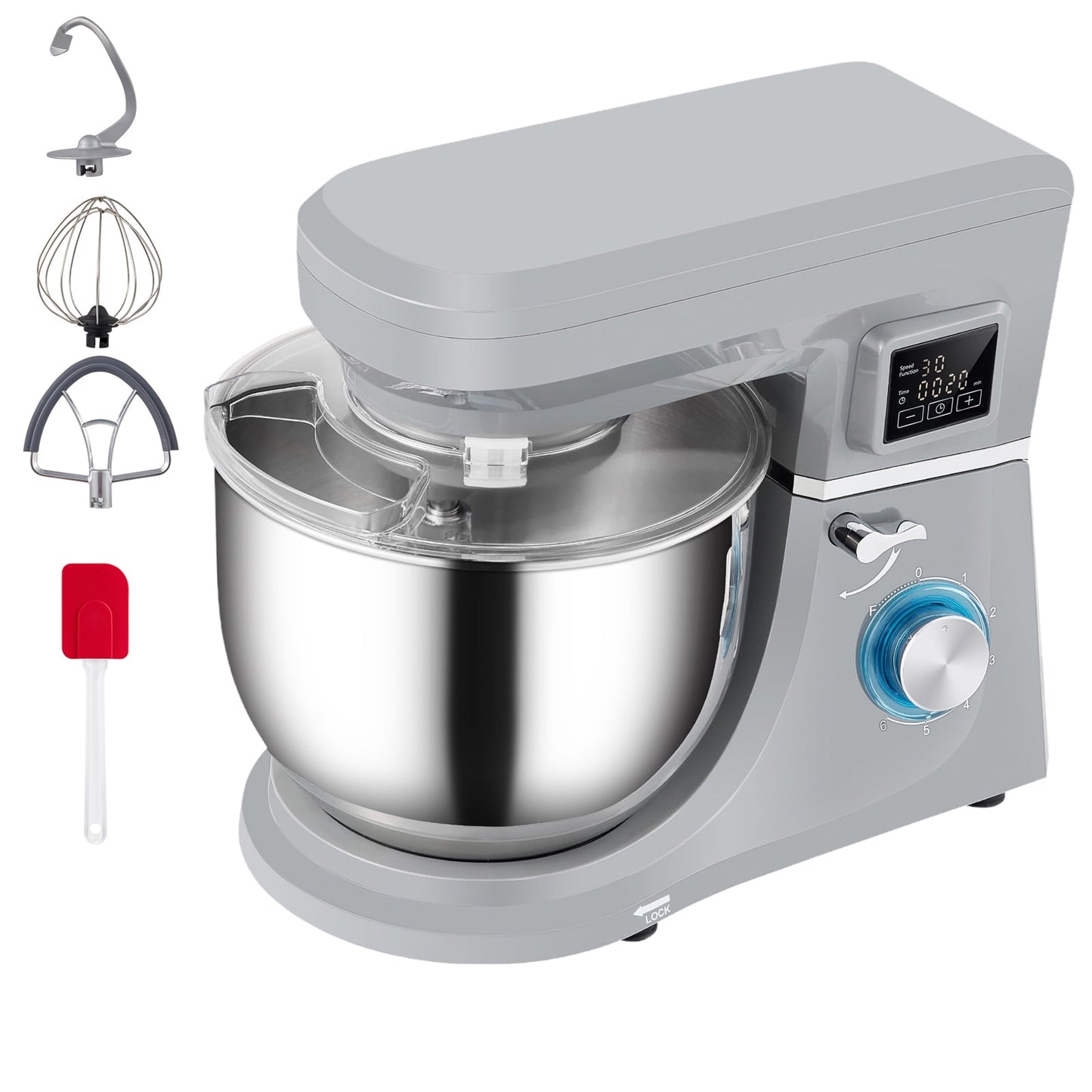 BENTISM Stand Mixer 7.4Qt Electric Dough Mixer w/ 6 Speeds LCD Screen Timing 660W