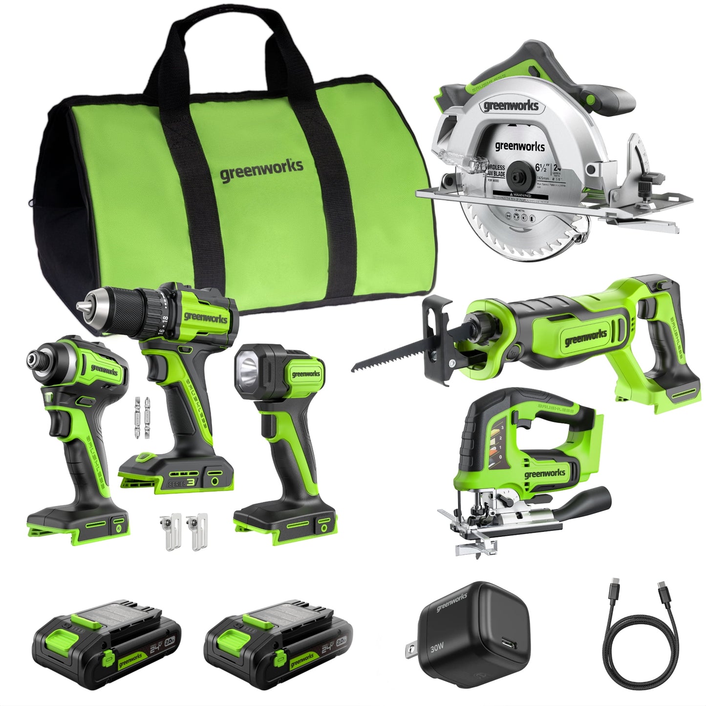 Greenworks 24V Brushless 6-Piece Power Tool Combo Kit with USB-C Batteries and Charger